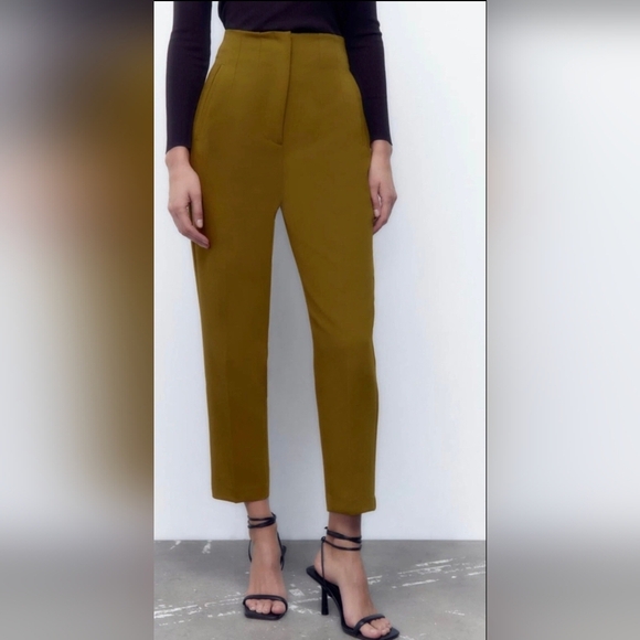 ZARA Mustard High Waist Pleated Straight Pants M Cropped Tailored Fit Office - Picture 3 of 15